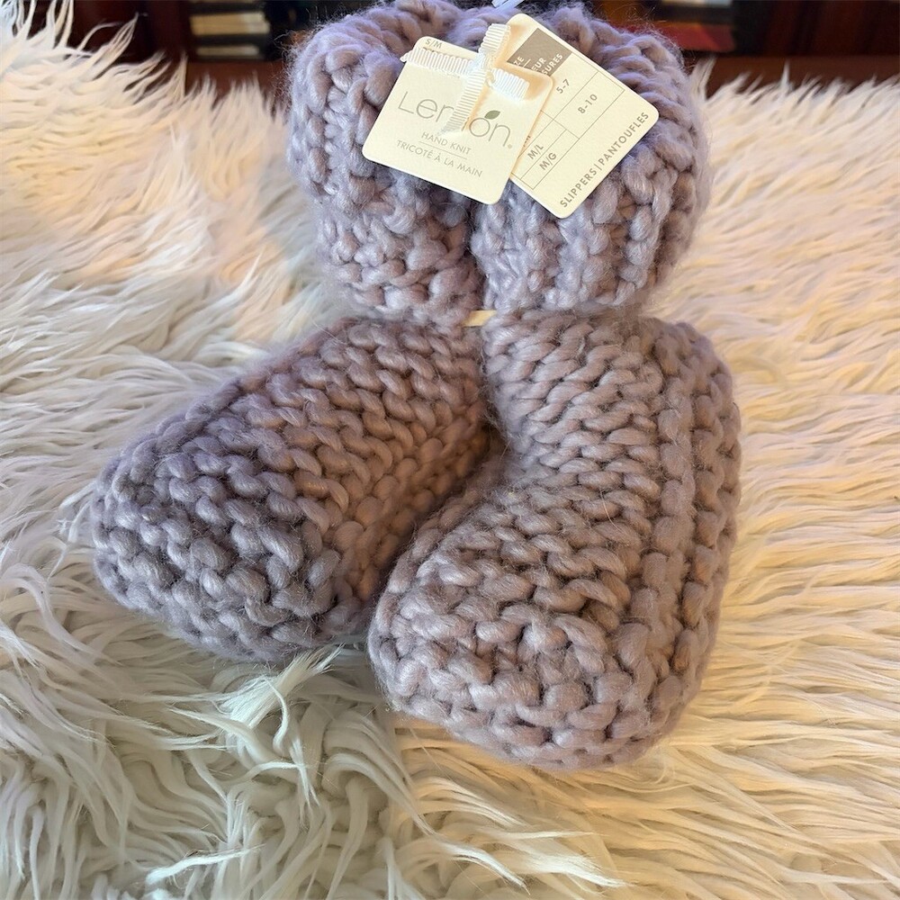 Lemon Womens Bootie Slippers Purple Chunky Knit Sherpa Lined Size S/M